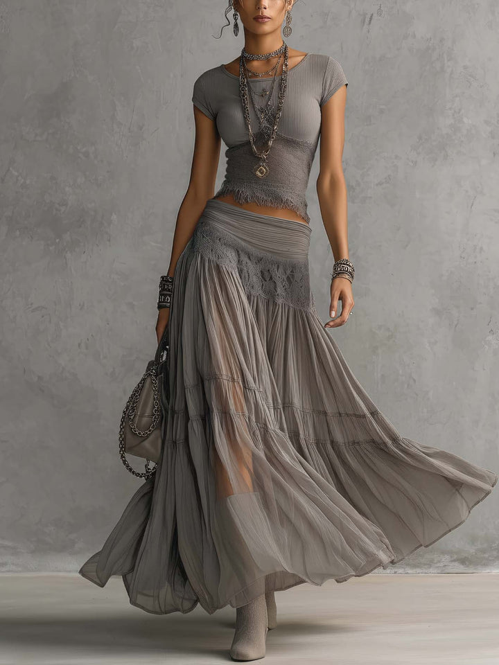 Completo Grigio con Top in Pizzo e Gonna Maxi Plissettata – Chiara Rossetti (1)