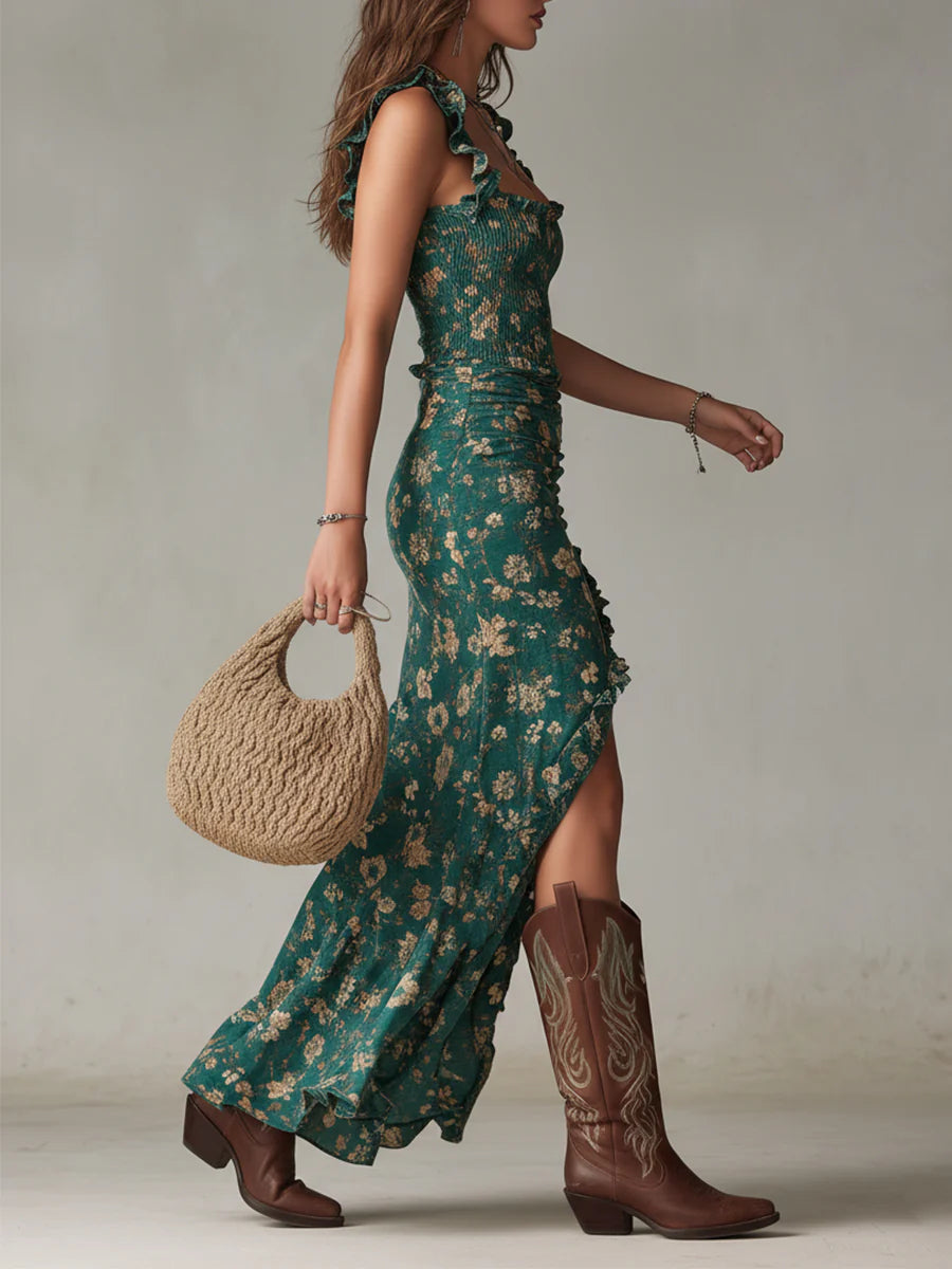 Abito Maxi Verde Boho con Maniche a Volant – Chiara Rossetti (2)