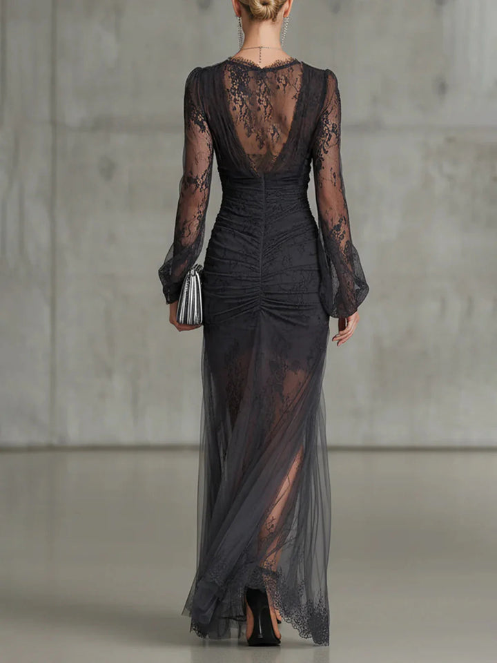 Abito Maxi Grigio Scuro in Pizzo con Maniche Lunghe e Spacco – Chiara Rossetti (3)
