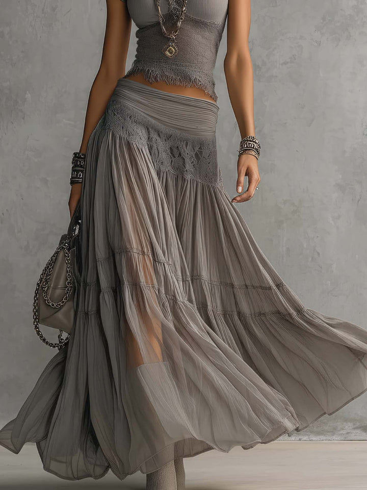 Completo Grigio con Top in Pizzo e Gonna Maxi Plissettata – Chiara Rossetti (4)