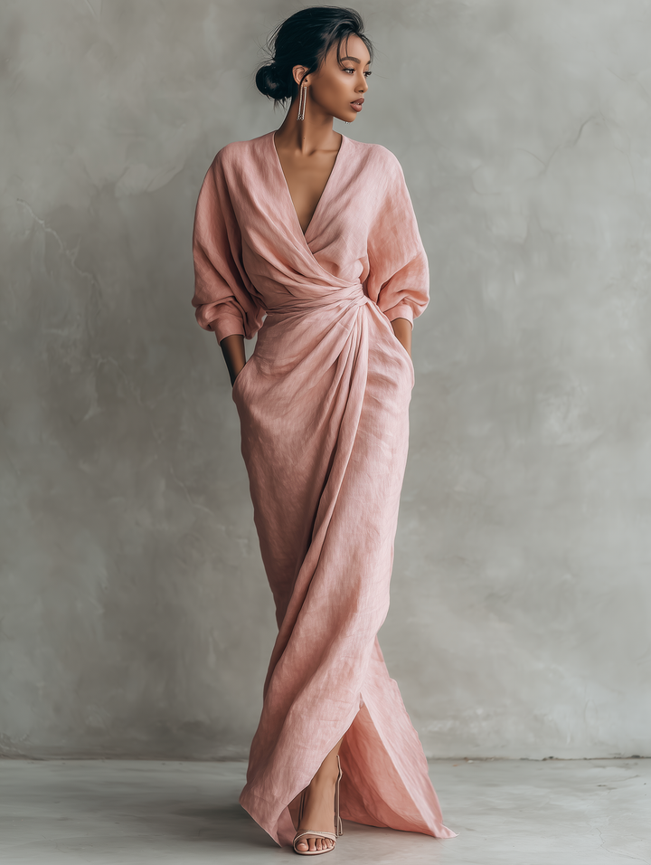 Isabel - Abito lungo minimal rosa in misto lino con scollo a V
