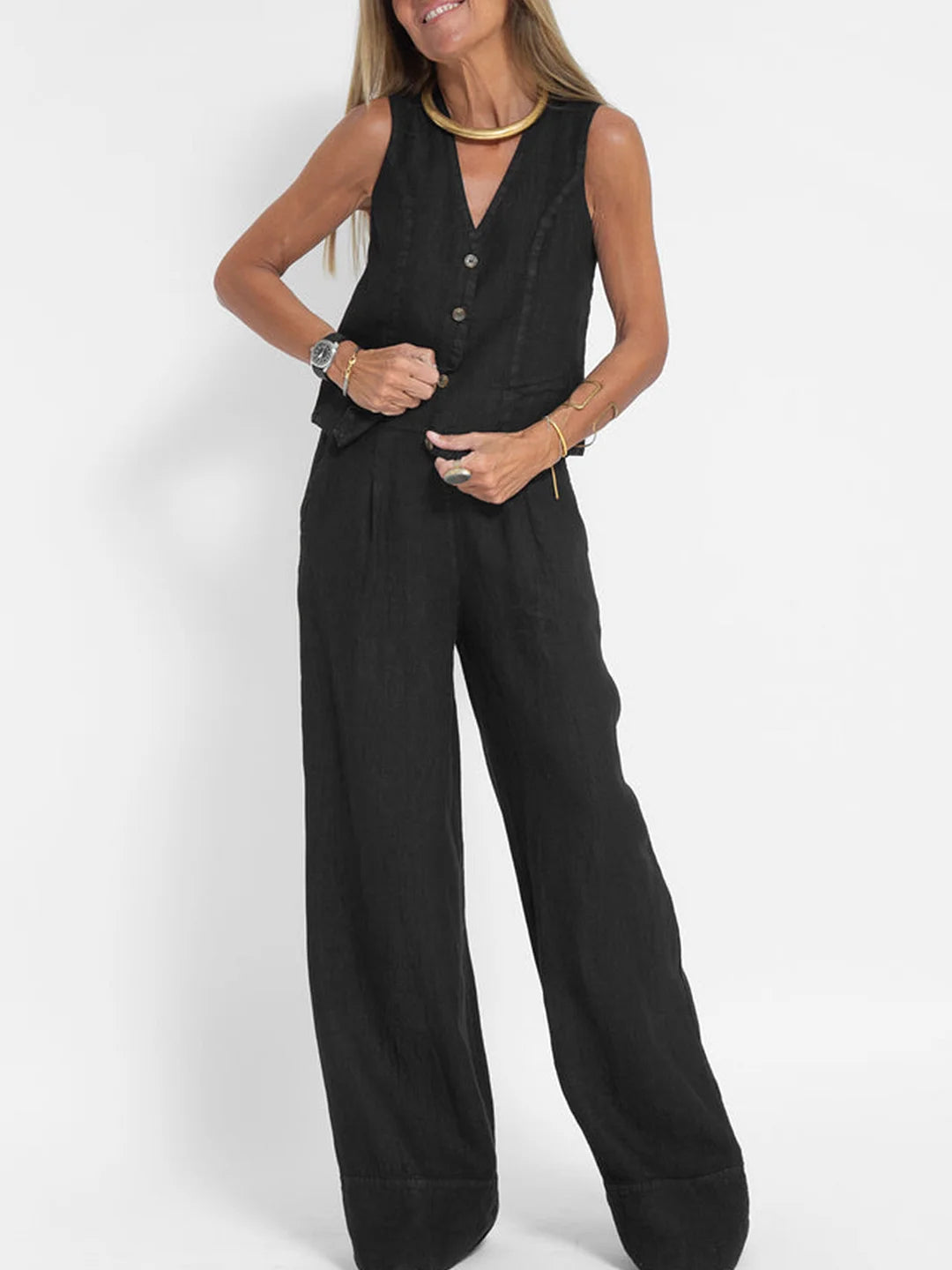 Aira | Completo con gilet abbottonato e pantaloni a gamba ampia