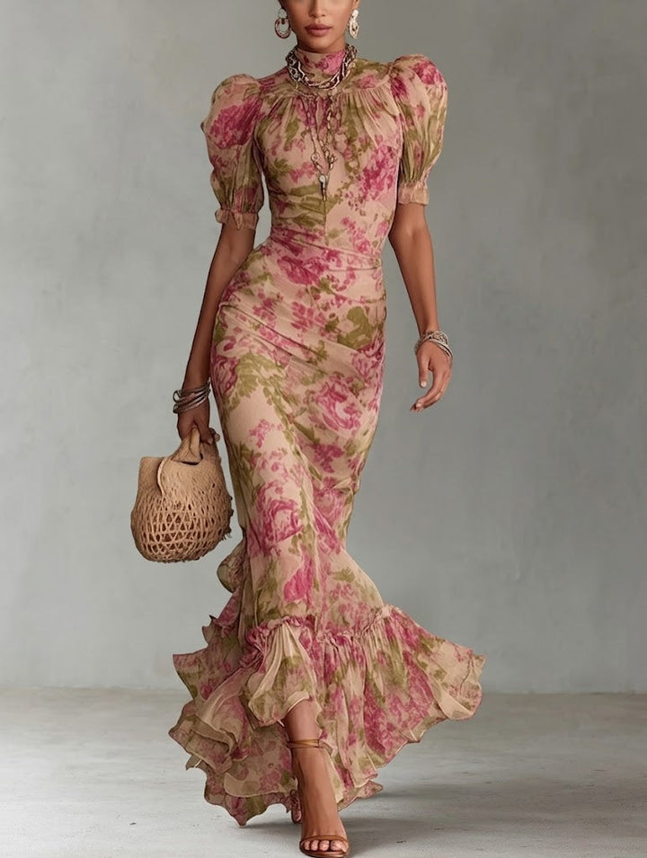 Fiora - Abito lungo con rose vintage e maniche a sbuffo