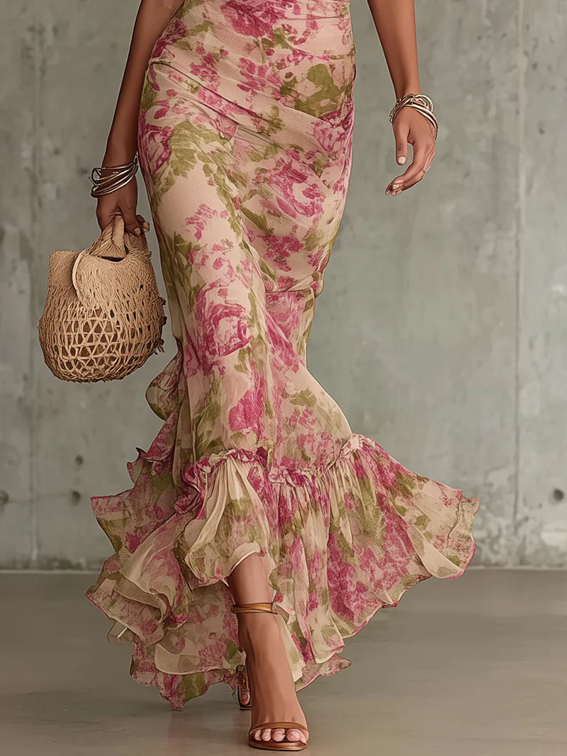 Fiora - Abito lungo con rose vintage e maniche a sbuffo