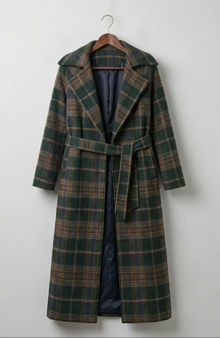 Ivy | Cappotto lungo a quadri verde bosco — 1
