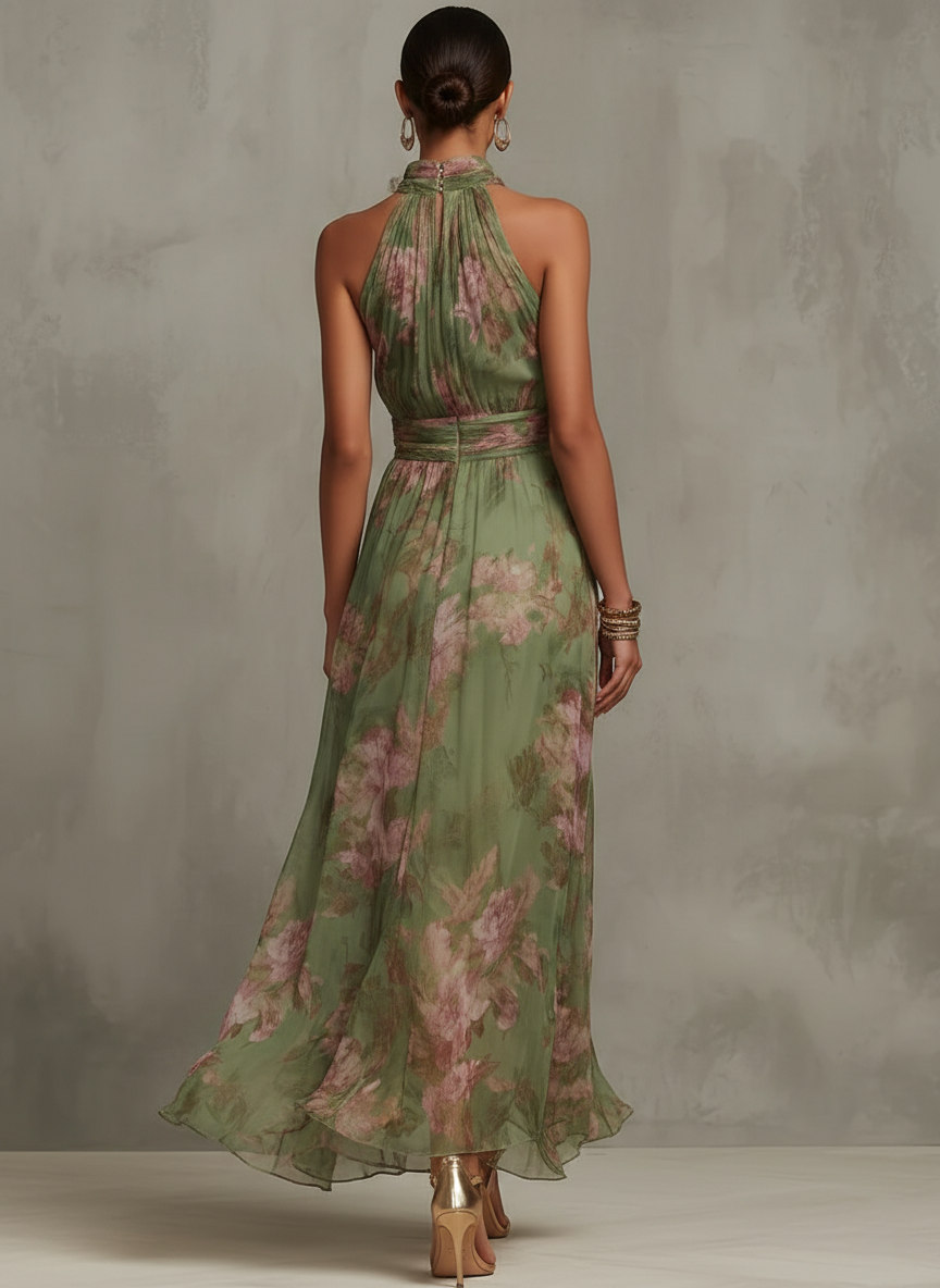 Serena - Abito lungo verde a fiori in chiffon con scollo all'americana