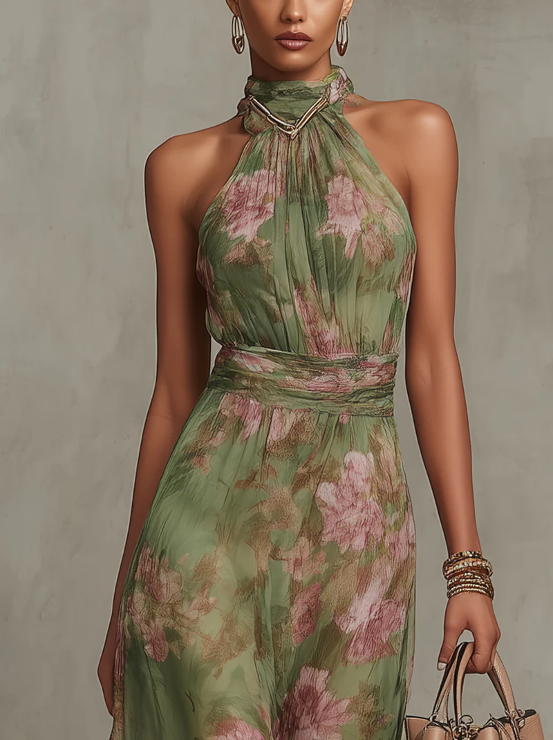 Serena - Abito lungo verde a fiori in chiffon con scollo all'americana