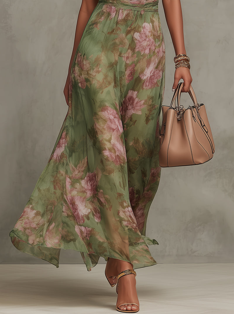 Serena - Abito lungo verde a fiori in chiffon con scollo all'americana