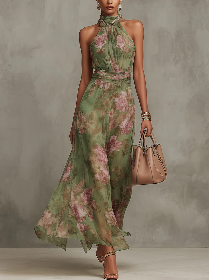 Serena - Abito lungo verde a fiori in chiffon con scollo all'americana
