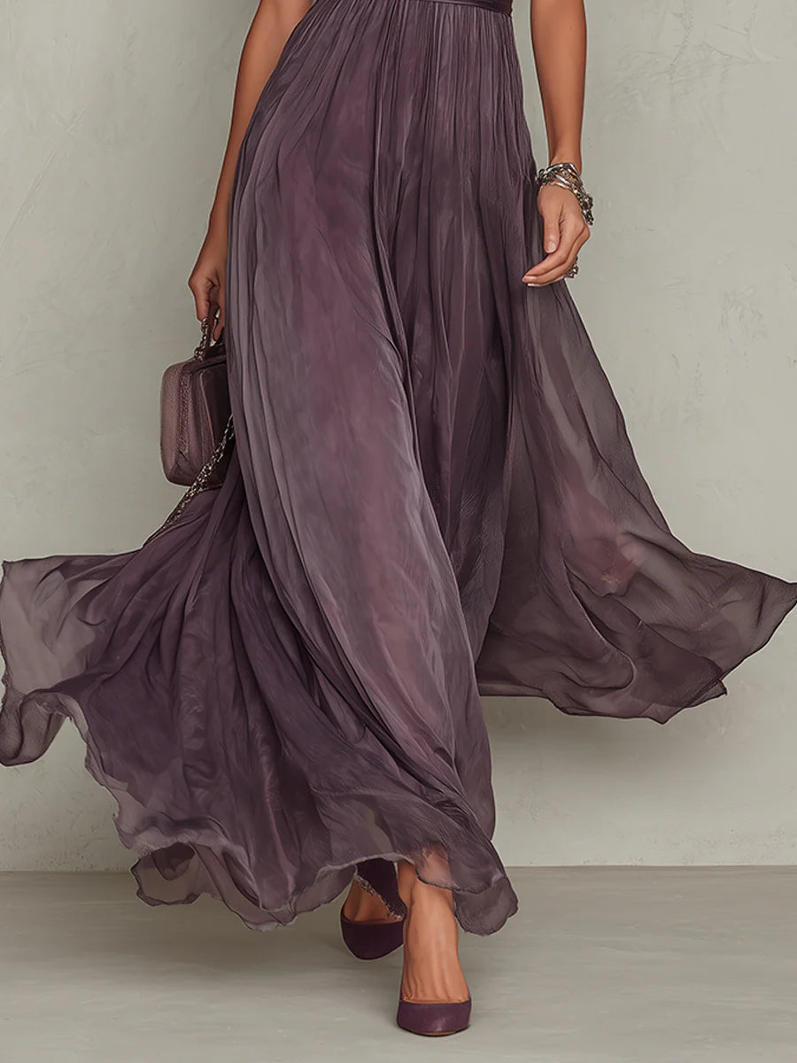 Flavia - Abito lungo in chiffon viola con scollo a goccia e finiture in pizzo