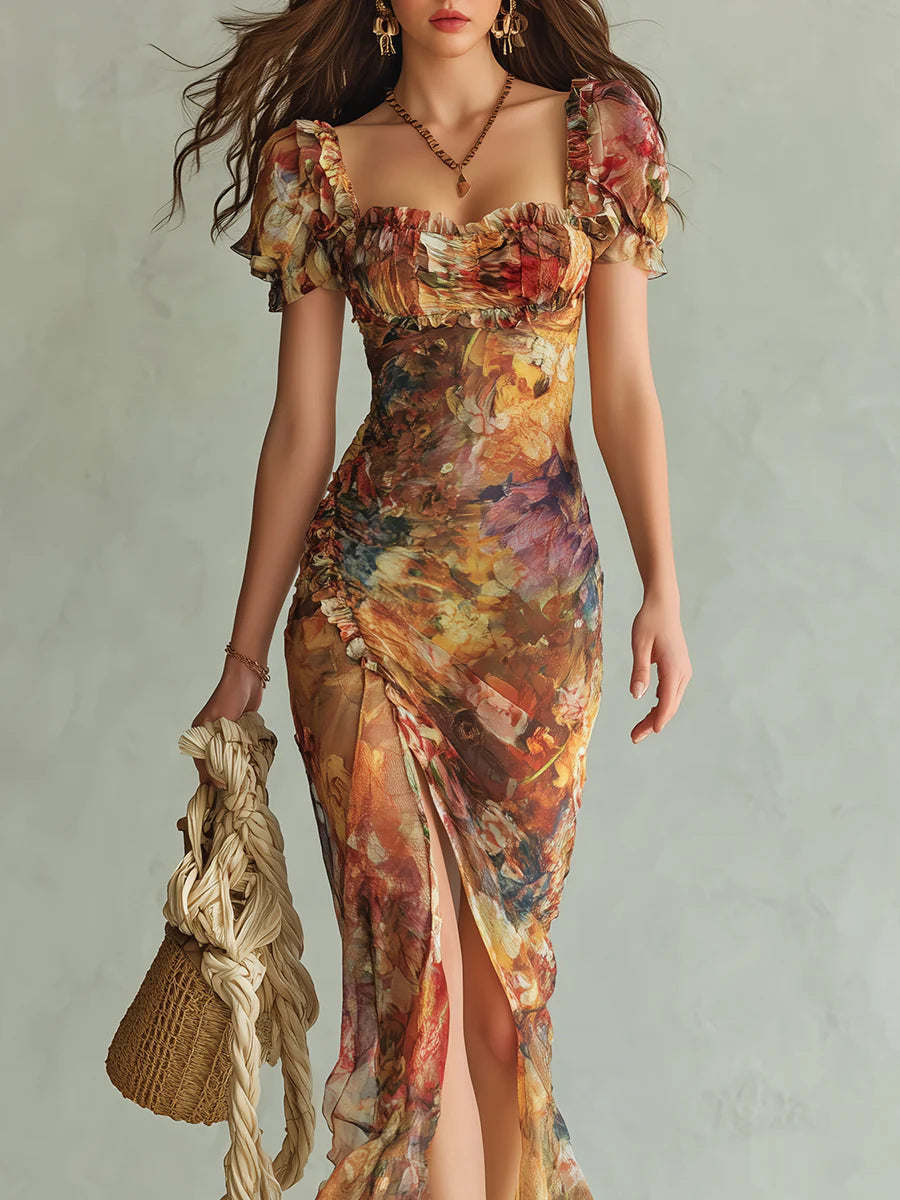 Abito Maxi Arancione in Chiffon con Stampa Effetto Dipinto – Chiara Rossetti (4)