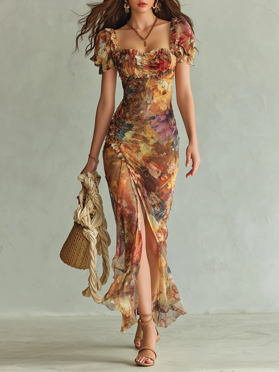 Abito Maxi Arancione in Chiffon con Stampa Effetto Dipinto – Chiara Rossetti (1)
