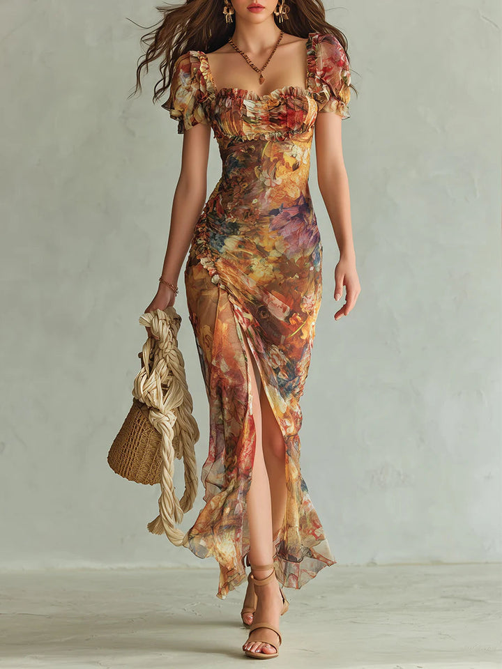 Abito Maxi Arancione in Chiffon con Stampa Effetto Dipinto – Chiara Rossetti (1)