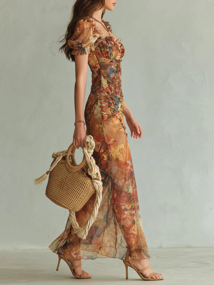 Abito Maxi Arancione in Chiffon con Stampa Effetto Dipinto – Chiara Rossetti (3)