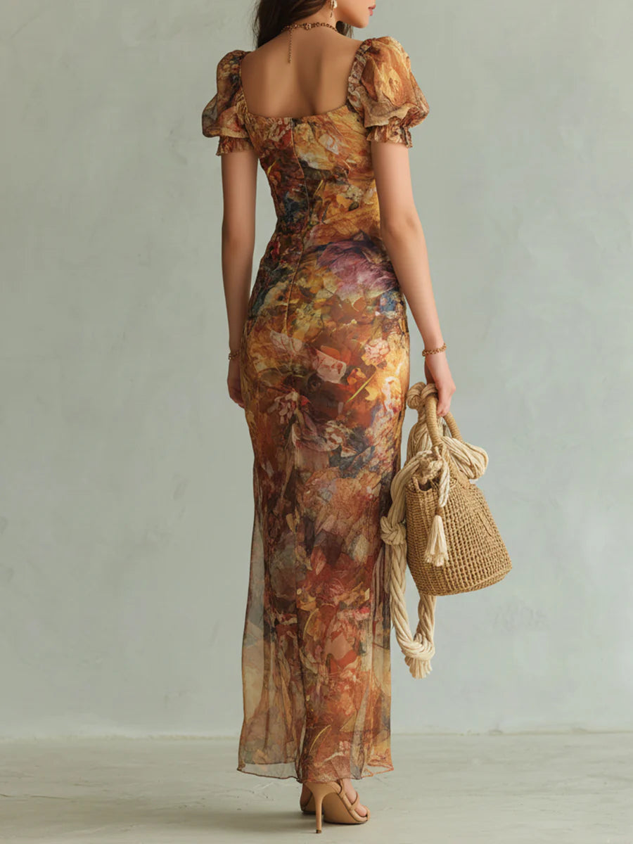 Abito Maxi Arancione in Chiffon con Stampa Effetto Dipinto – Chiara Rossetti (2)