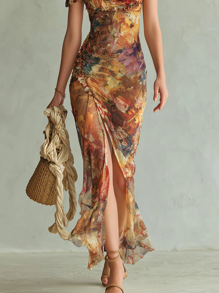 Abito Maxi Arancione in Chiffon con Stampa Effetto Dipinto – Chiara Rossetti (5)