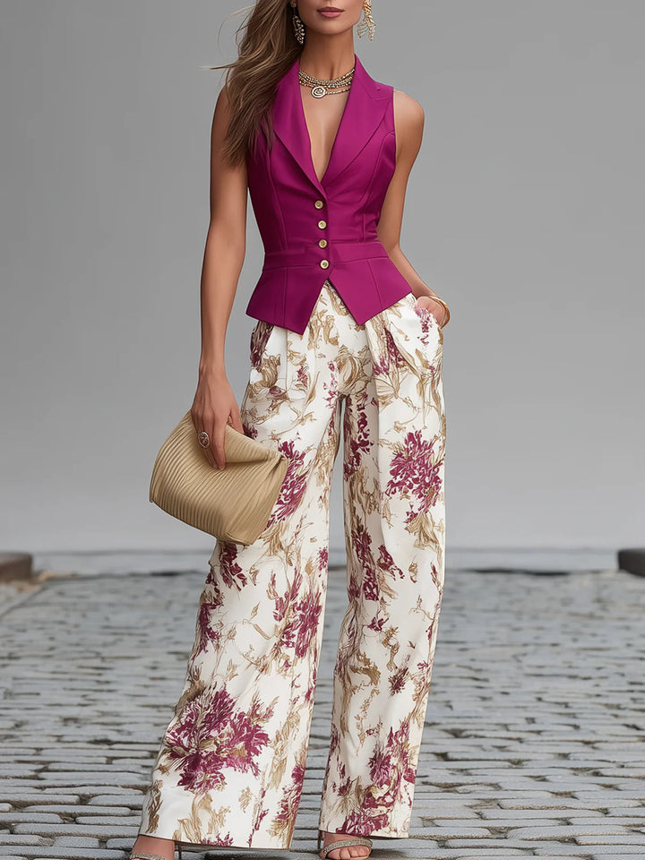 Completo con Gilet Rosa e Pantaloni Floreali a Gamba Ampia – Chiara Rossetti (1)