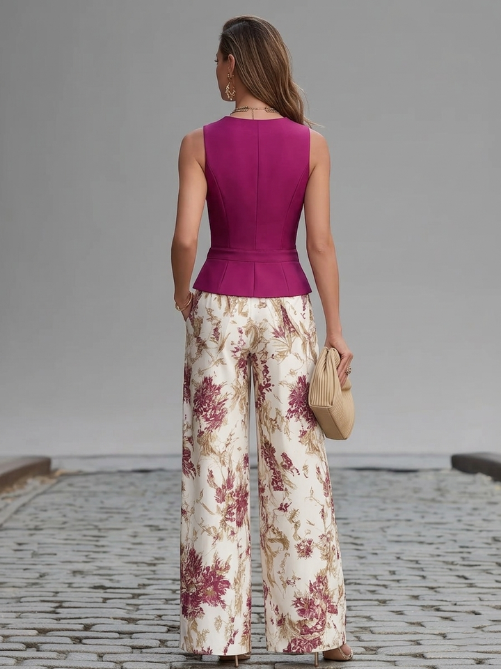 Completo con Gilet Rosa e Pantaloni Floreali a Gamba Ampia – Chiara Rossetti (2)
