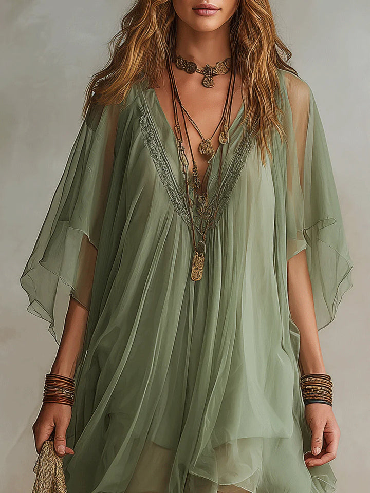 Abito Mini Fluido Verde in Chiffon con Scollo a V – Chiara Rossetti (5)
