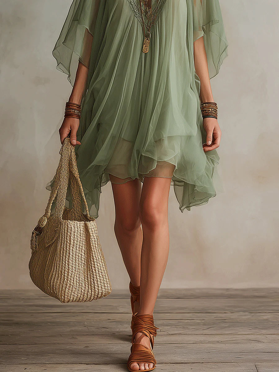 Abito Mini Fluido Verde in Chiffon con Scollo a V – Chiara Rossetti (6)