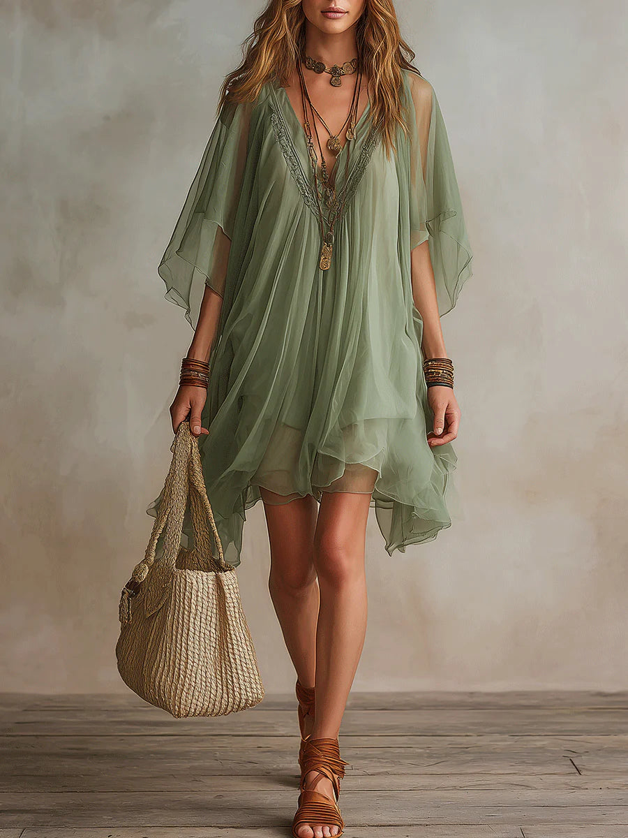 Abito Mini Fluido Verde in Chiffon con Scollo a V – Chiara Rossetti (1)