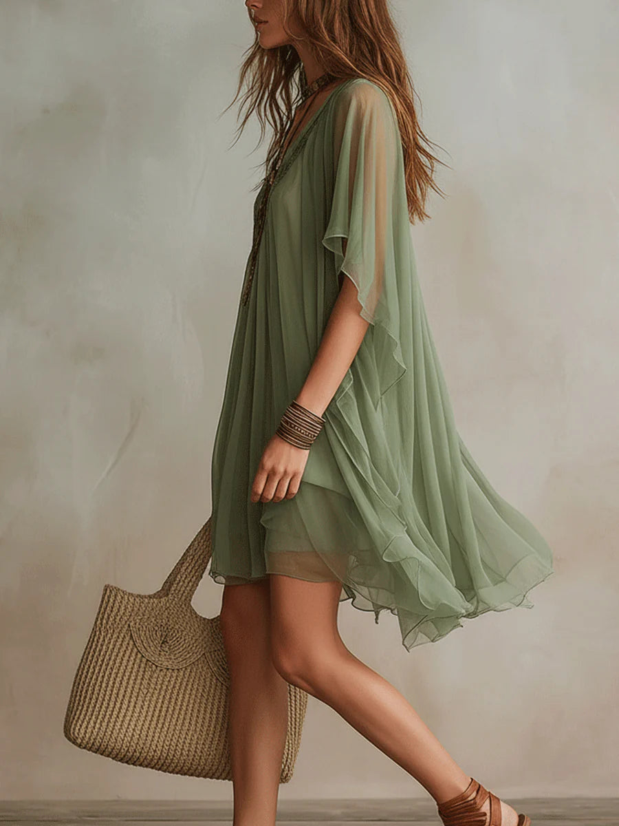 Abito Mini Fluido Verde in Chiffon con Scollo a V – Chiara Rossetti (2)