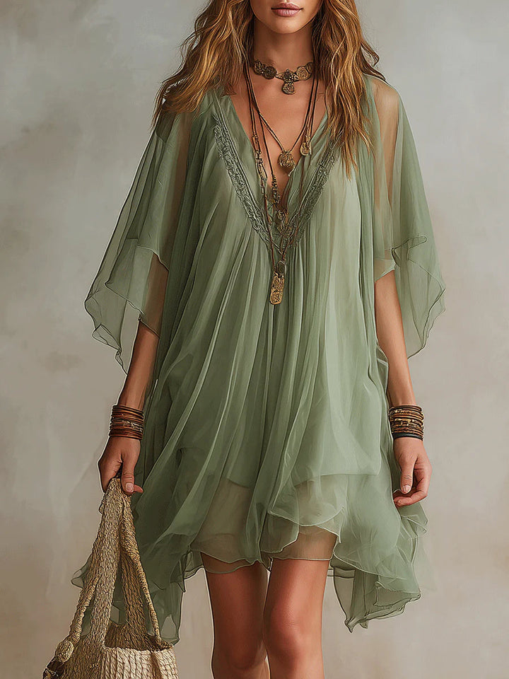 Abito Mini Fluido Verde in Chiffon con Scollo a V – Chiara Rossetti (4)