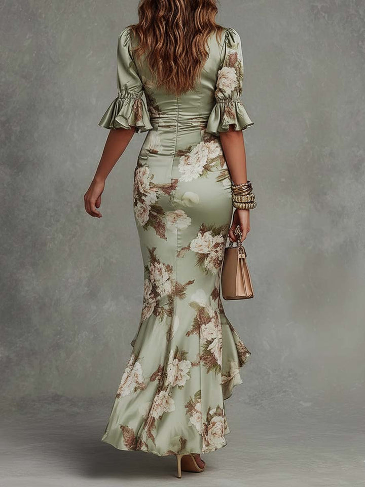 Abito Maxi Asimmetrico Verde in Raso Floreale – Chiara Rossetti (3)