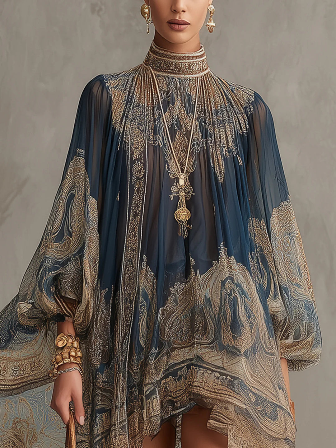 Abito Mini in Chiffon Blu Notte con Stampa Barocca – Chiara Rossetti (4)