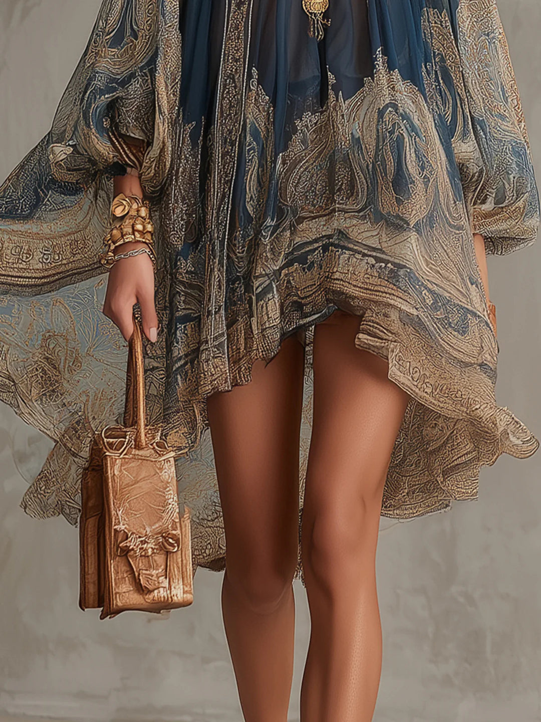 Abito Mini in Chiffon Blu Notte con Stampa Barocca – Chiara Rossetti (5)