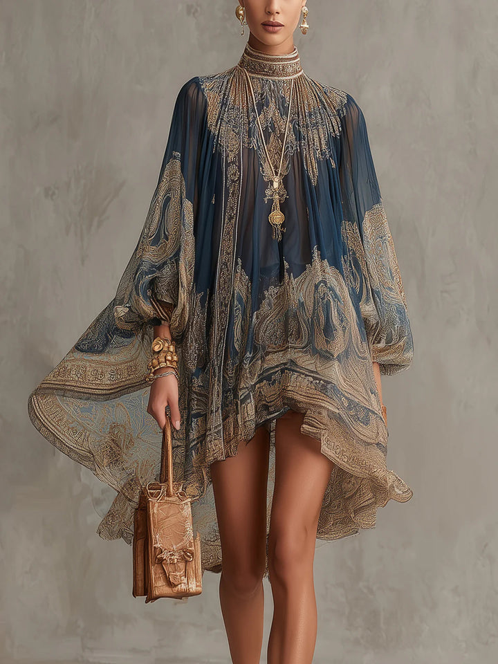 Abito Mini in Chiffon Blu Notte con Stampa Barocca – Chiara Rossetti (1)