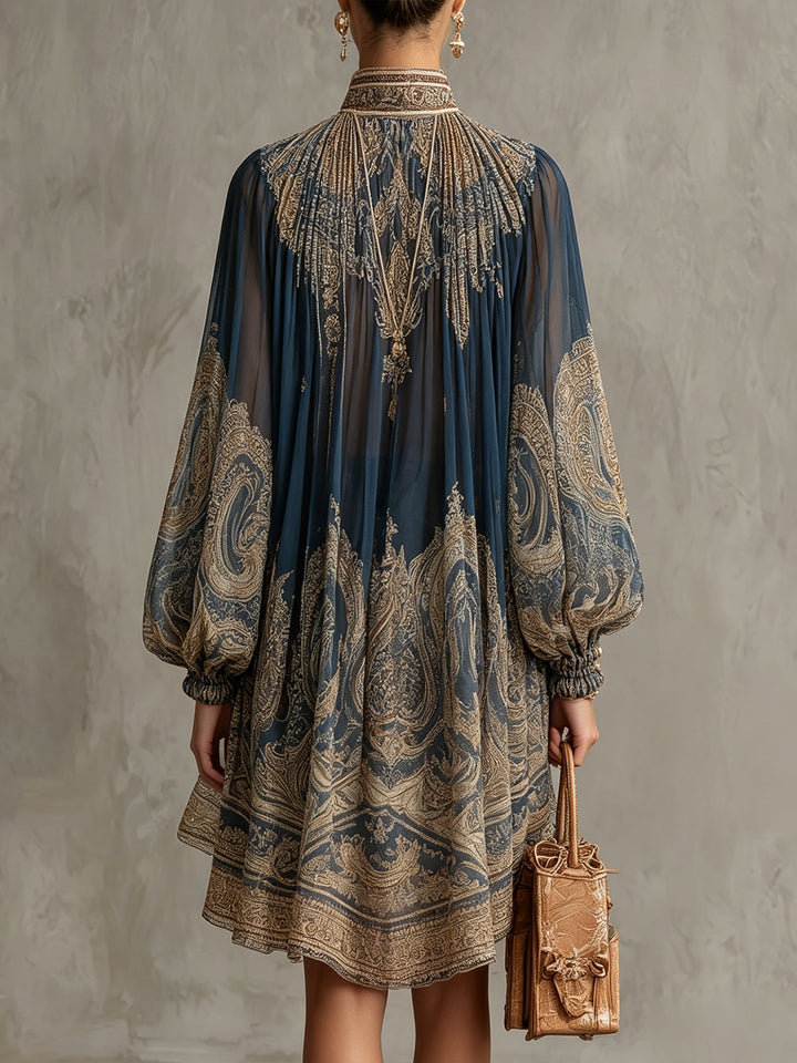 Abito Mini in Chiffon Blu Notte con Stampa Barocca – Chiara Rossetti (2)