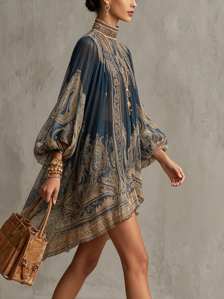 Abito Mini in Chiffon Blu Notte con Stampa Barocca – Chiara Rossetti (3)