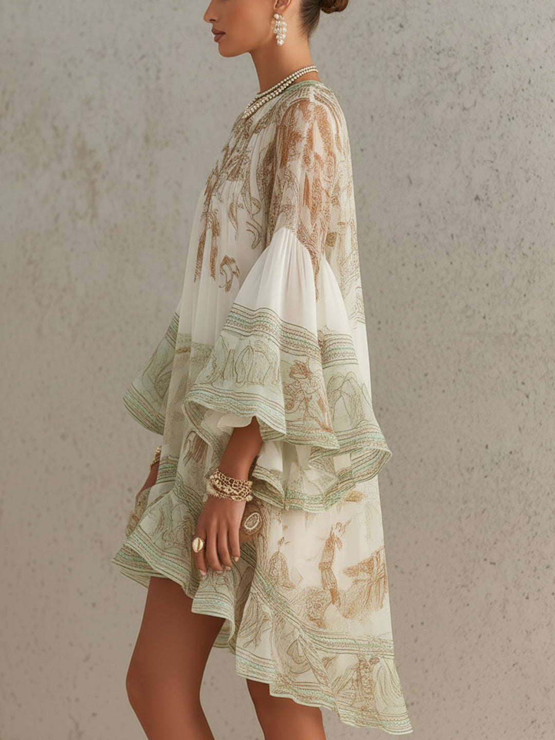 Abito Mini Verde a Righe in Chiffon con Maniche a Volant – Chiara Rossetti (3)