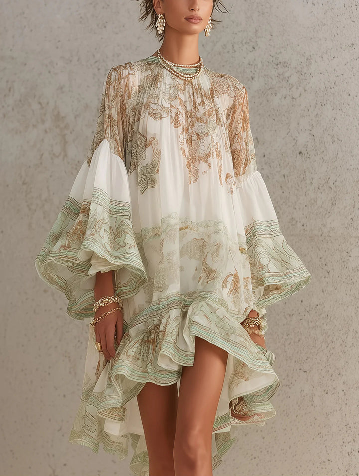 Abito Mini Verde a Righe in Chiffon con Maniche a Volant – Chiara Rossetti (1)