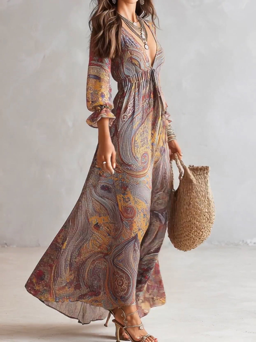 Abito Maxi in Chiffon con Stampa Paisley e Scollo a V – Chiara Rossetti (2)