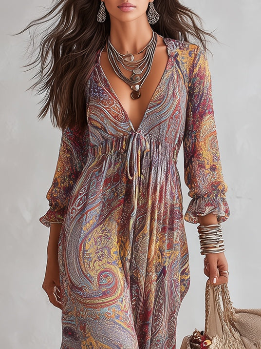 Abito Maxi in Chiffon con Stampa Paisley e Scollo a V – Chiara Rossetti (4)