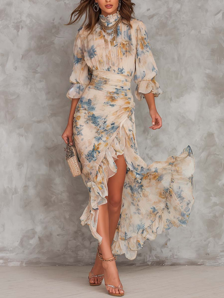 Abito Maxi Asimmetrico in Chiffon con Stampa Floreale – Chiara Rossetti (1)
