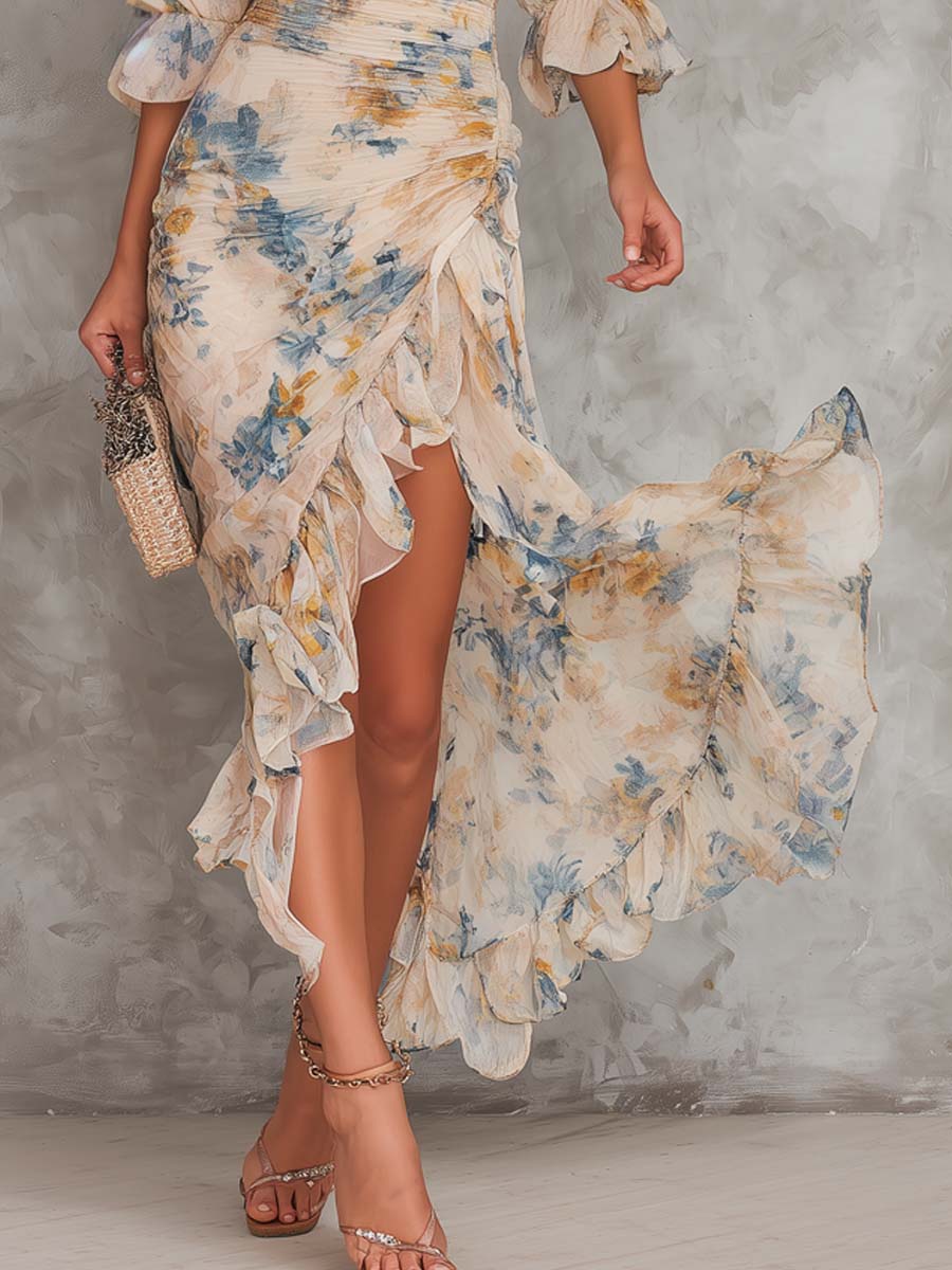 Abito Maxi Asimmetrico in Chiffon con Stampa Floreale – Chiara Rossetti (4)