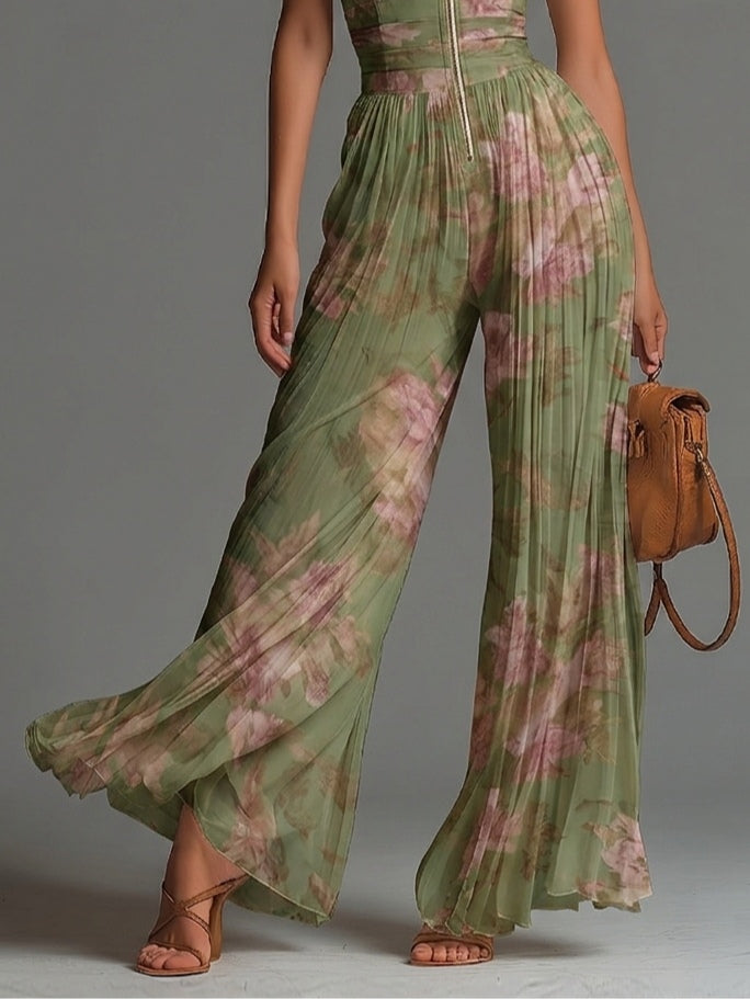 Tuta Verde Floreale in Chiffon con Gamba Ampia – Chiara Rossetti (4)
