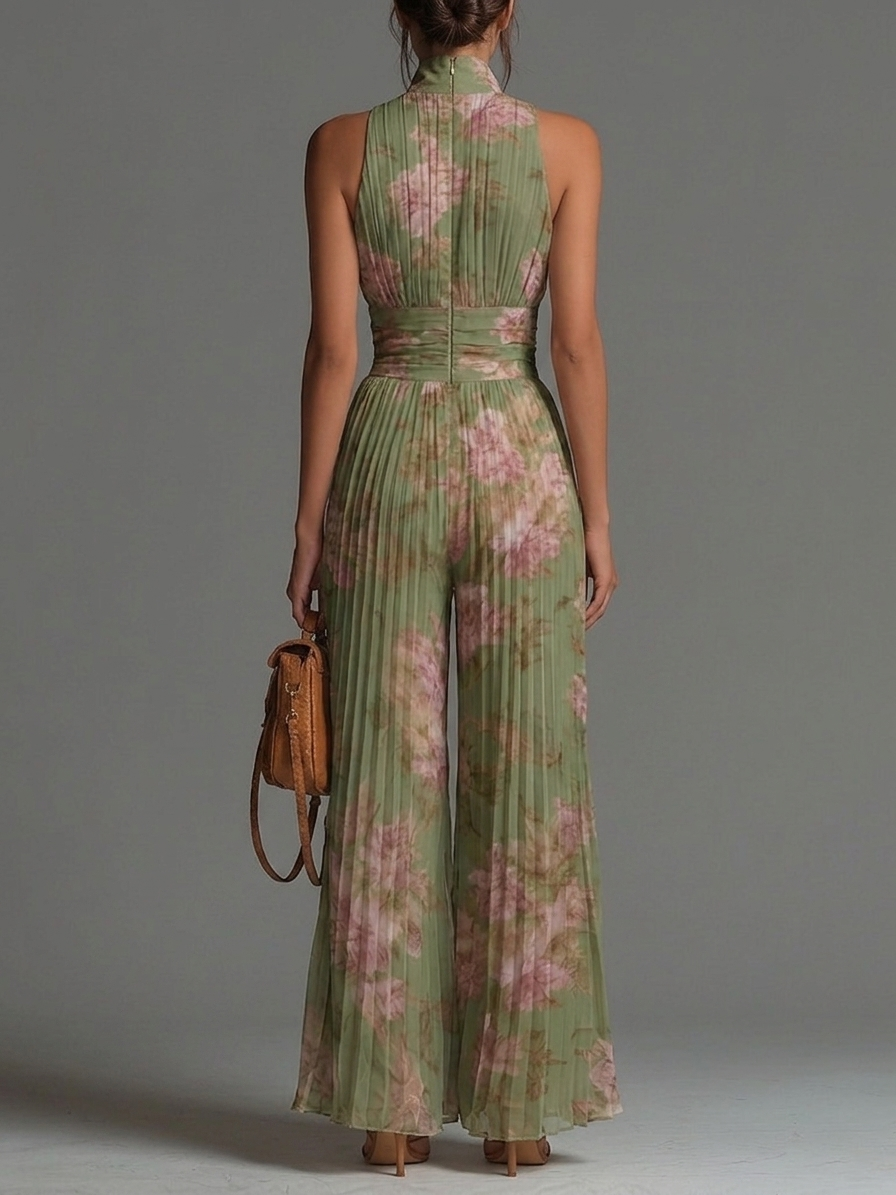 Tuta Verde Floreale in Chiffon con Gamba Ampia – Chiara Rossetti (2)