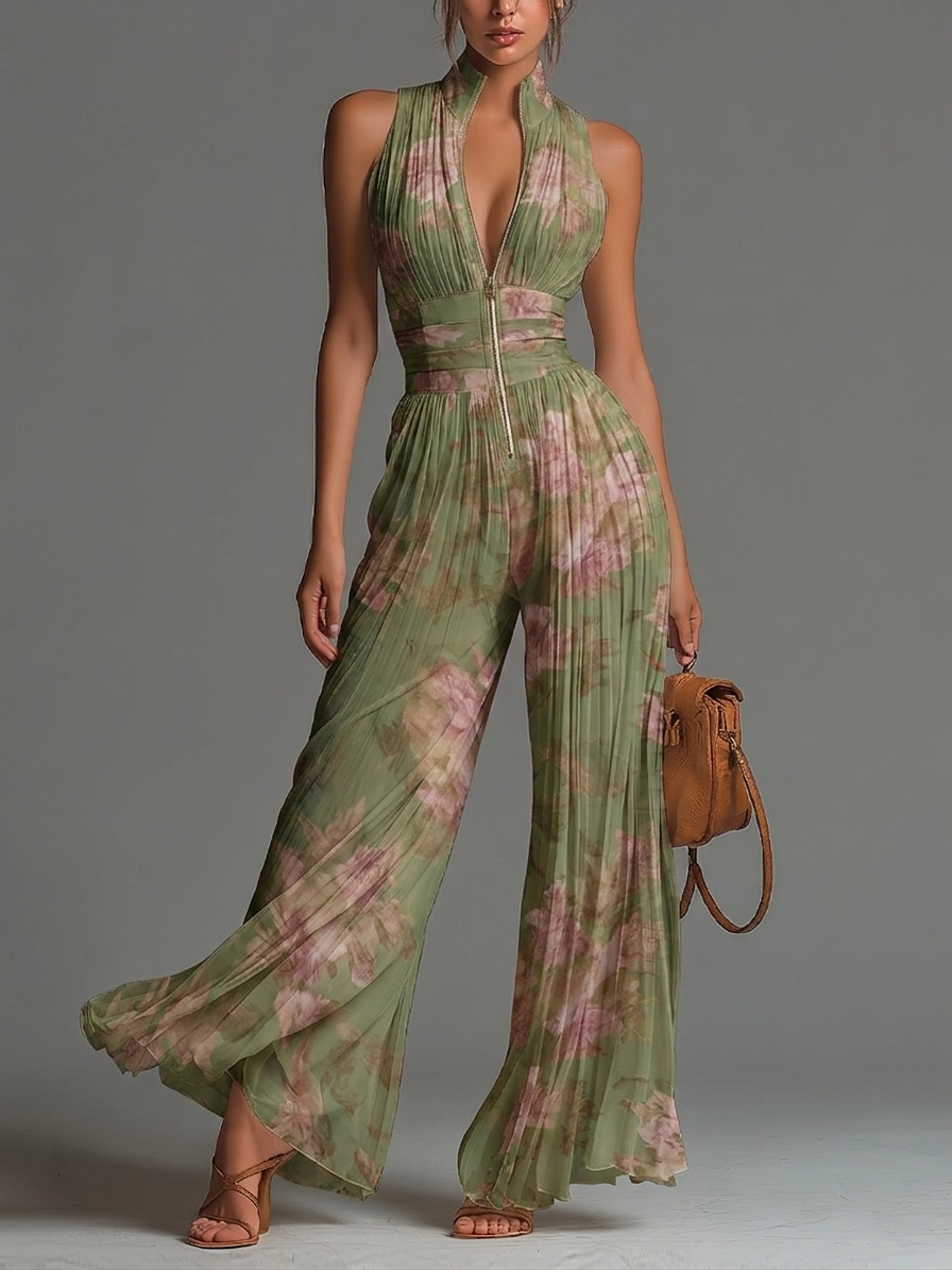 Tuta Verde Floreale in Chiffon con Gamba Ampia – Chiara Rossetti (1)