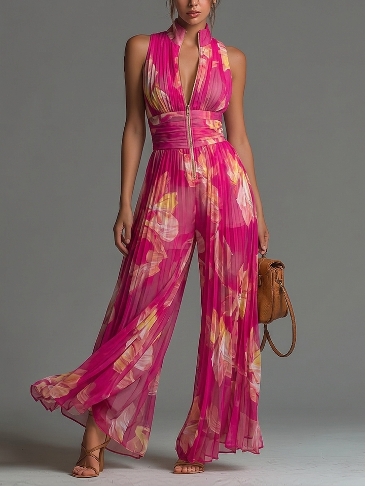 Tuta Floreale in Chiffon Plissettato con Gamba Ampia – Chiara Rossetti (1)