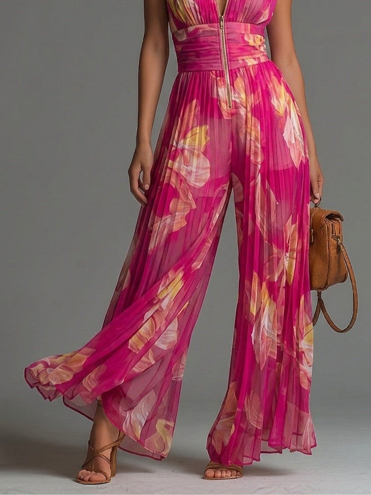 Tuta Floreale in Chiffon Plissettato con Gamba Ampia – Chiara Rossetti (4)