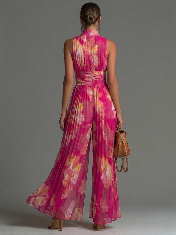Tuta Floreale in Chiffon Plissettato con Gamba Ampia – Chiara Rossetti (2)