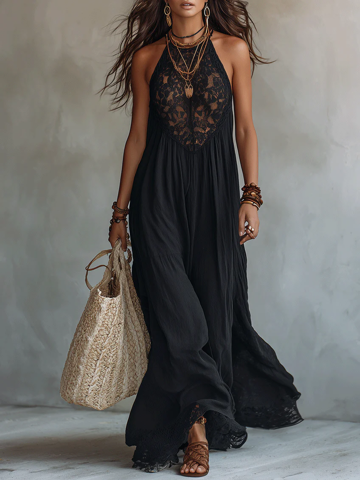 Abito Maxi Nero Senza Maniche con Pizzo Boho – Chiara Rossetti (1)