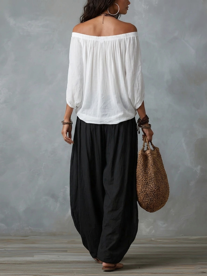 Completo Bianco con Top a Spalle Scoperte e Pantaloni Ampi – Chiara Rossetti (2)