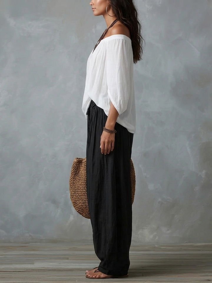 Completo Bianco con Top a Spalle Scoperte e Pantaloni Ampi – Chiara Rossetti (3)