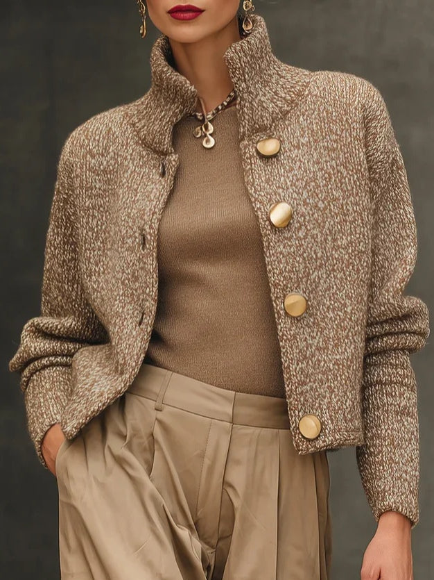 Maglione cardigan abbottonato a collo alto color cammello — 1