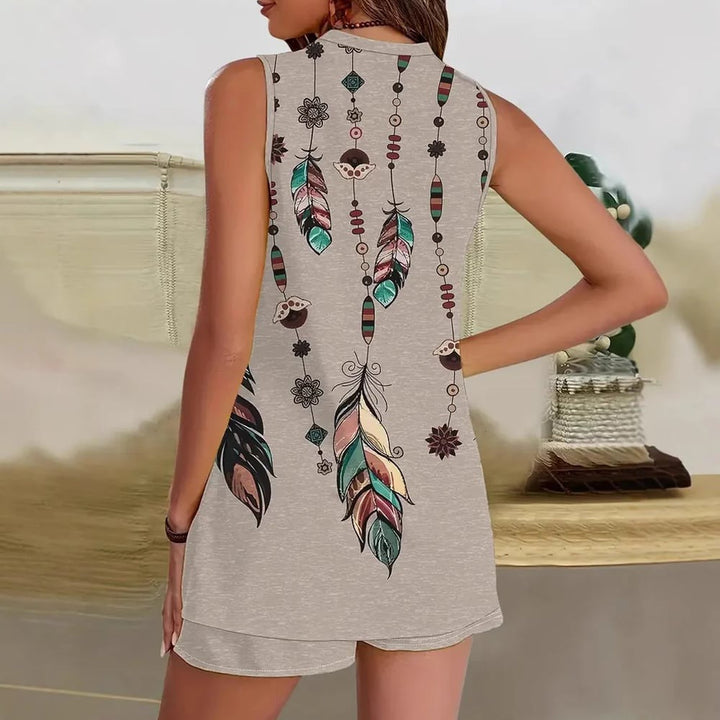 Vilma | Completo boho rilassato con motivo piume